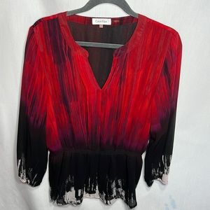 Calvin Klein blouse (M) long sleeves, v-neck, red/black, NWOT.
